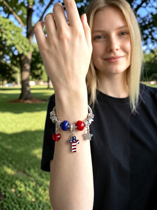 Jewelry - Silver Charm Bracelet with Patriotic Cross, Heart & Star